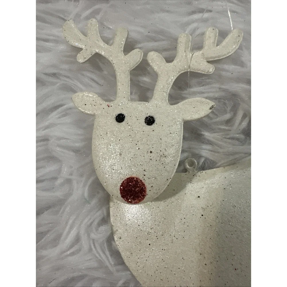 Vintage Pier‎ 1 White Glitter Reindeer Bobble Head Red And White Dangle Legs